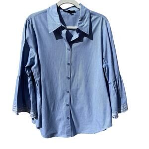 Alex Marie Blue Embroidered Scalloped Bell Sleeve Button Up Blouse Size Large